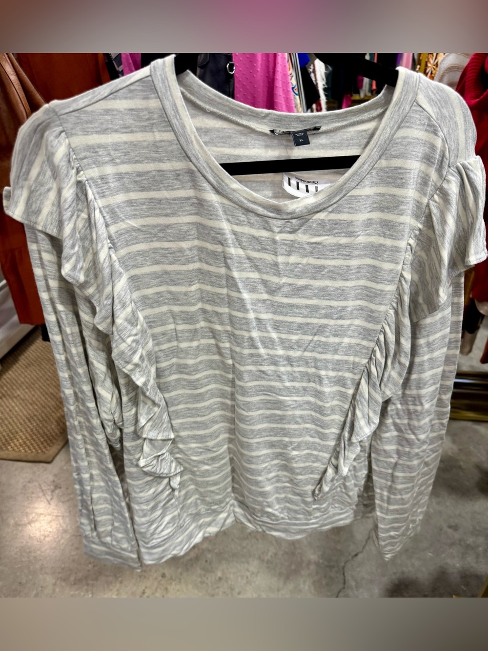 Express Light Gray and White Striped Ruffle Long-Sleeve Top